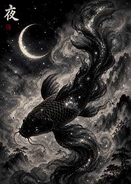 Cosmic Koi Fish in Night Sky