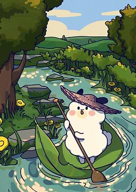 Cute character rowing a leaf boat