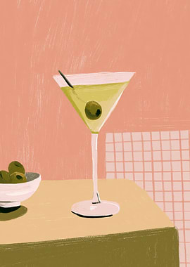 Martini with Olives and Pink Background