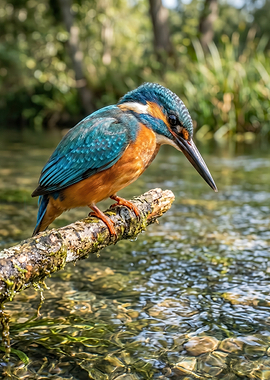 Kingfisher perched on a branch over water