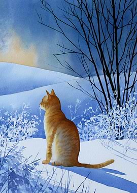 Orange Cat in Snowy Landscape
