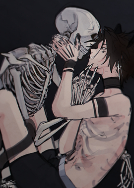 Gothic Embrace: Human and Skeleton Kiss