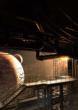 Sci-fi industrial space station with planets