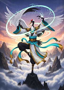Crane Warrior in Misty Mountains