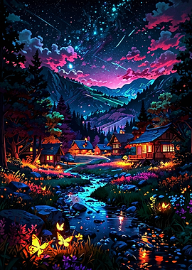 Enchanting Night Landscape with Village and Stars