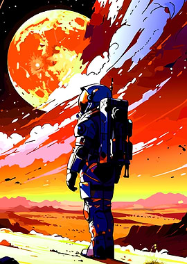 Astronaut on alien planet with large moon