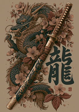 Dragon and Katana with Cherry Blossoms