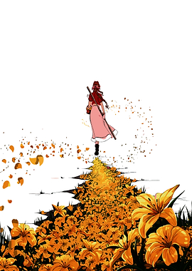 Woman walking through a field of flowers