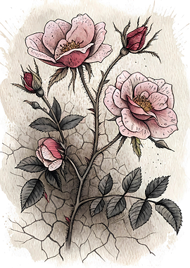 Pink Roses on Thorny Stem