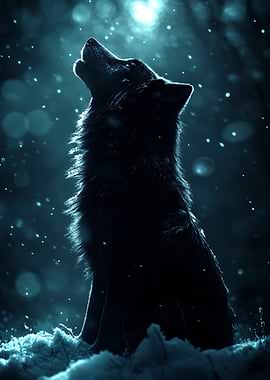 Wolf howling at the moon in snow