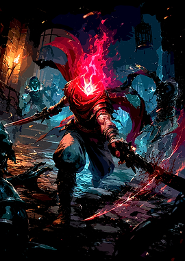 Fiery Warrior Battling Monsters
