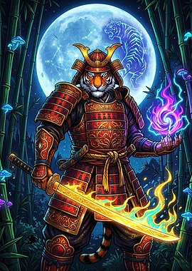 Tiger Samurai with Fiery Sword