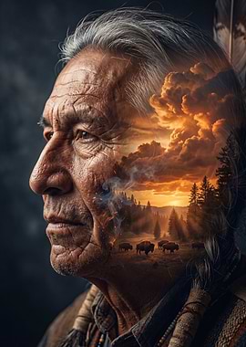 Native American Man with Bison Landscape