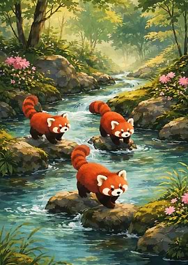 Red Pandas in a Forest Stream