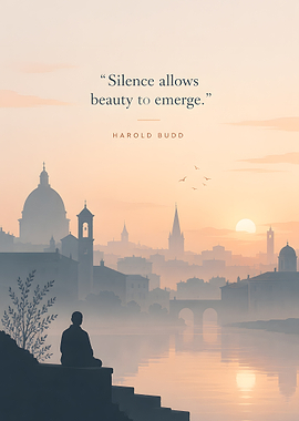 Meditating figure overlooking a misty city at sunrise