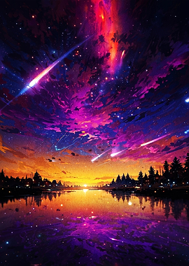 Cosmic Sunset Over a Serene Lake