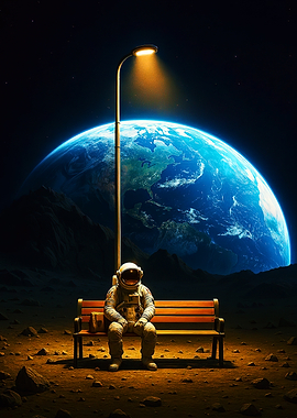 Astronaut on a bench looking at Earth