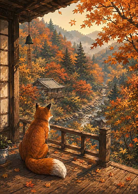 Fox on a balcony overlooking autumn mountains
