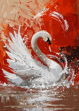White Swan in Red Abstract Background