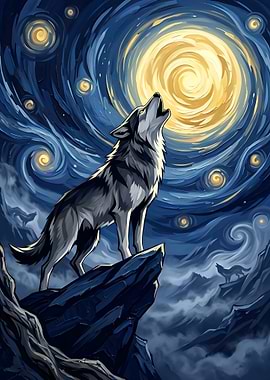 Wolf Howling at the Starry Night