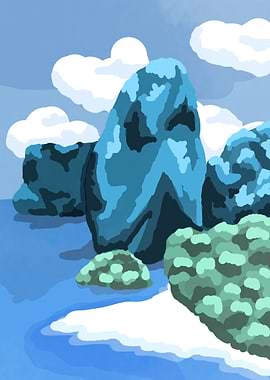 Abstract Coastal Landscape with Rocks and Clouds