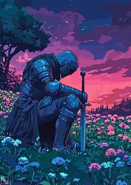 Knight Kneeling in Flower Field at Sunset