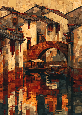 Geometric Mosaic Asian Water Village