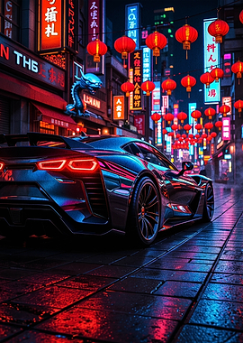 Cyberpunk Car in Neon Asian City