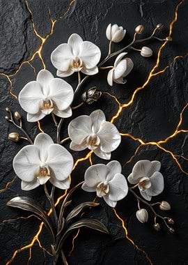 White Orchids on Cracked Black Background