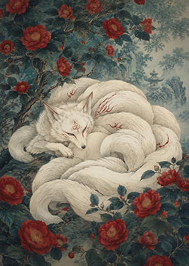Nine-Tailed Fox Sleeping Among Flowers
