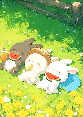 Cute bunnies enjoying watermelon and juice
