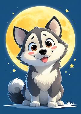 Cute Husky Puppy Under the Moon