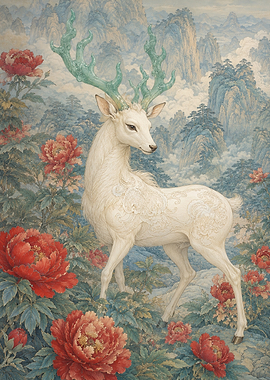 White Deer with Green Antlers in Floral Landscape