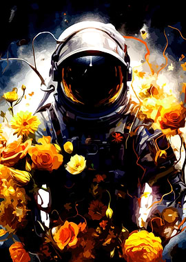 Astronaut surrounded by flowers