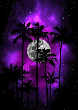 Palm Trees Under a Purple Nebula Moon