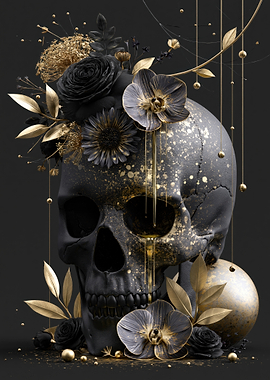 Gothic Skull with Gold Flowers
