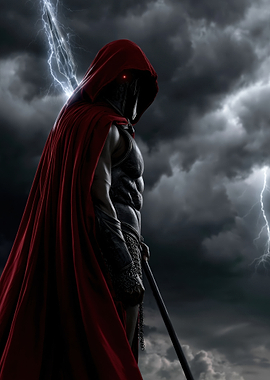 Warrior in Red Cape Under Lightning