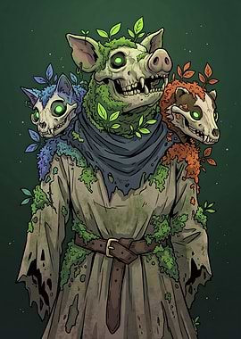 Three-Headed Skull Creature with Plants
