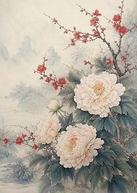 Peonies and Plum Blossoms in Misty Mountains
