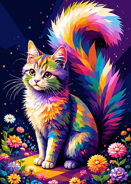 Colorful Cat in a Field of Flowers
