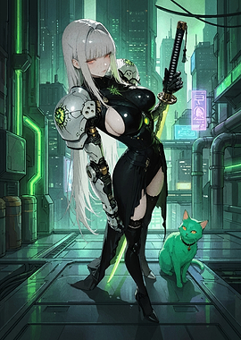 Cyberpunk Woman with Katana and Green Cat