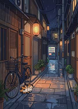 Rainy Alley with Cat and Bicycle