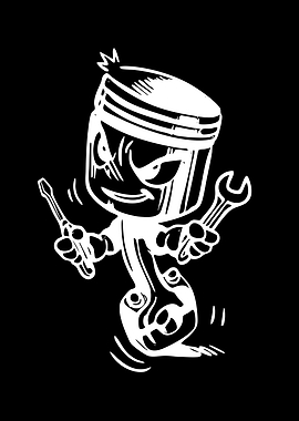 Cartoon Piston Character with Tools