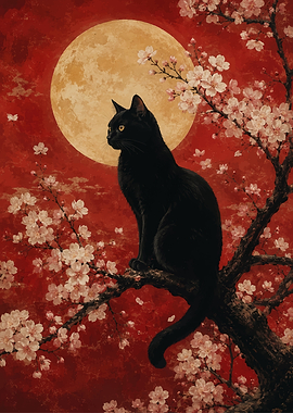 Black Cat Under a Full Moon