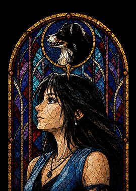Anime Girl and Dog in Stained Glass