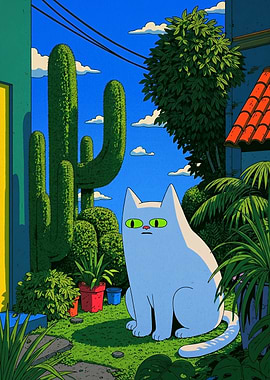 White Cat in a Desert Garden