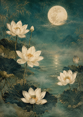 Moonlit Lotus Pond Painting