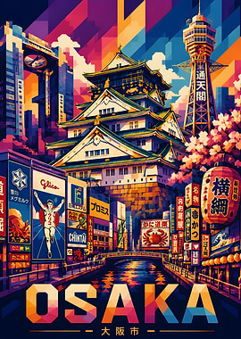 Vibrant Osaka: A Stylized Cityscape of Tradition and Modernity