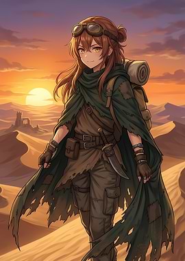 Anime adventurer in desert sunset