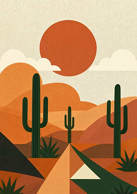 Desert Landscape with Cacti and Sun